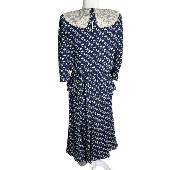 Vintage 80s Floral Midi Dress Medium Navy Blue Lace Collar 3/4 Sleeve Elastic - Picture 5 of 8
